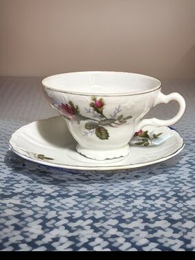 Vintage Wales China Moss Rose Teacup & Saucer Set Made in Japan Crown Foil Label